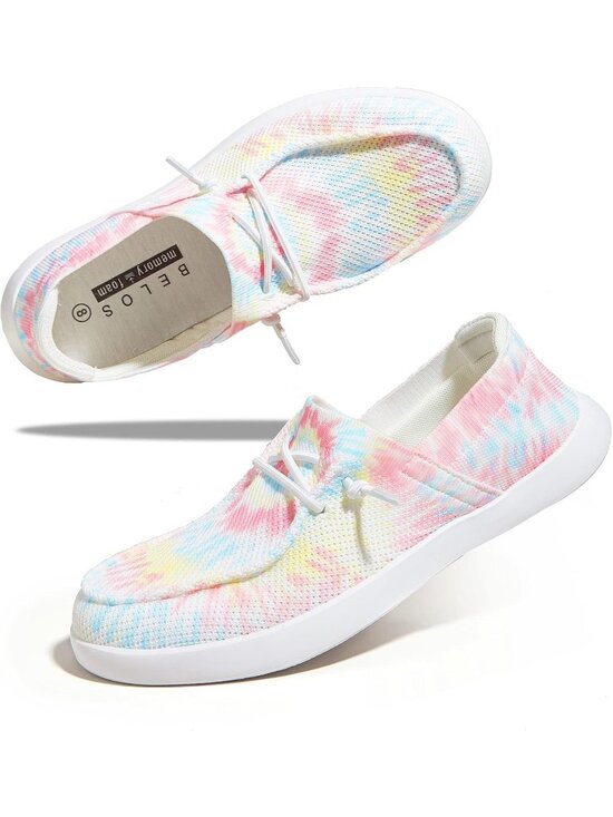 Shoes - Women's Pink Tie Dye Knit Comfortable Slip On Lace Up Loafers Fashion Sneakers